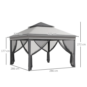 Foisor cu plase reglabil 3 niveluri Re-Bloom, otel/Oxford/plasa, 326x326x272 cm, stresina 177 cm, pereti plasa 294x198 cm, 4 franghii+8 tarusi+geanta incluse, gri deschis/gri inchis - Verificat A · Re-Bloom - Img 2