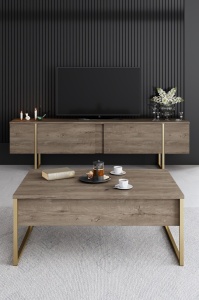 Forme XL set 3 piese living, comoda TV 180cm, masuta cafea 90cm, comoda 160cm, PAL 18mm, picioare metal, nuc si auriu - Verificat A · Re-Bloom - Img 9