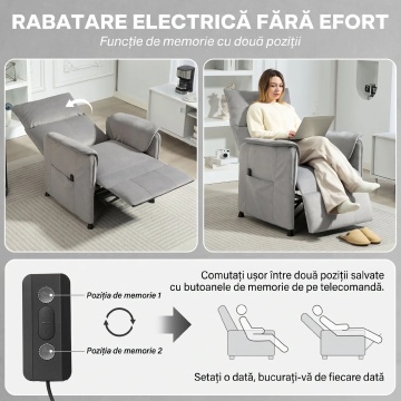 Fotoliu electric rabatabil cu telecomanda 80x83x104 cm, pozitie relaxata 80x170x67 cm, catifea 100% poliester, cadru otel, 135 kg, gri - Verificat A · Re-Bloom - Img 5