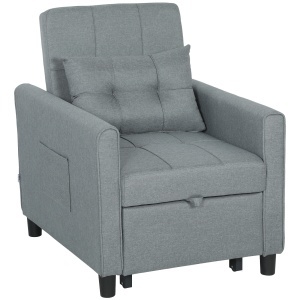 Fotoliu extensibil cu spatar reglabil, otel/lemn eucalipt/spuma/poliester, fotoliu 69x82x85cm, extensibil la pat 53x170x45cm, perna 50x33x8cm, capacitate 150kg, gri deschis - Verificat A · Re-Bloom