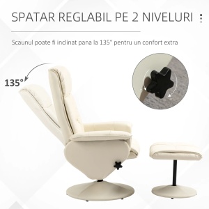 Fotoliu rabatabil rotitor cu taburet, piele PU, suport picioare, otel, Alb Crem - Verificat A · Re-Bloom - Img 6