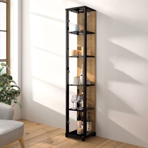 Fredrik's vitrina 4 rafturi LED, 32x172x32 cm, sticla securizata, panou PAL, picioare MDF, stejar negru-maro - Verificat A · Re-Bloom - Img 2