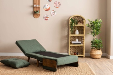 Futon fotoliu extensibil 77x70x82 cm, pat 190x70 cm, spatar 14 pozitii, tapiterie poliester, cadru metal, brate lemn, verde - Verificat A · Re-Bloom - Img 5