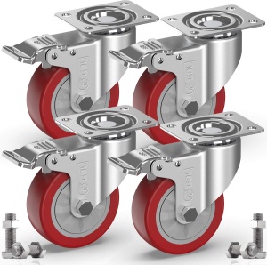 GBL set 4 roti mobila cu frana, poliuretan, 100mm, pivotante 360°, rulmenti interni, 600kg (150kg/roata), argintiu/rosu - Verificat A · Re-Bloom