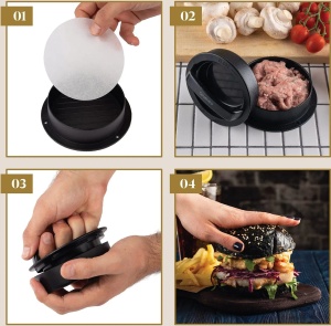 GOURMEO presa burger 3in1, chiftele mari Ø10.3cm/230g + mici Ø7.3cm/120g + umplute, placa baza detasabila, antiaderenta, 50 coli hartie incluse, negru - Verificat A · Re-Bloom - Img 3