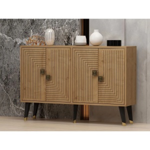 Hanah Home comoda living 120x80x50 cm, PAL 18mm, usi cu model geometric, picioare metal, stejar safir si auriu - Verificat A · Re-Bloom - Img 2