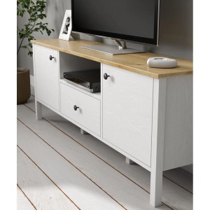 Hanah Home comoda TV living 150x58x35 cm, PAL 18mm, cant 0.8mm, picioare MDF, manere metal, lemn si alb - Verificat A · Re-Bloom - Img 4