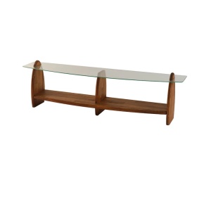Hanah Home comoda TV living 160x35x45 cm, rafturi sticla securizata 100%, cadru pin masiv 100%, castan transparent - Verificat A · Re-Bloom