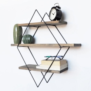 Hanah Home etajera de perete decorativa 60x60x14 cm, lemn de molid 100% lucrat manual, cadru de metal, nuc si negru - Verificat A · Re-Bloom - Img 2