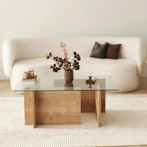 Hanah Home masa de cafea, sticla temperata/ lemn masiv, 105 x 65 x 40 cm, stejar safir - Verificat A · Re-Bloom - Img 2