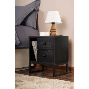 Hanah Home noptiera dormitor 45x30x50 cm, PAL 18mm, 2 sertare, picioare de metal, negru lemn si negru - Verificat A · Re-Bloom - Img 5