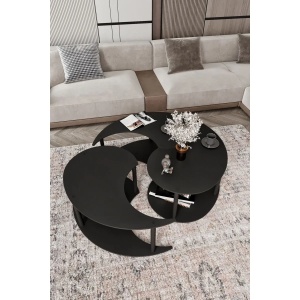 Hanah Home set 3 masute de cafea, MDF 100%, diametru 70 cm, inaltime 38 cm, picioare kraft comprimat, negru - Verificat A · Re-Bloom - Img 3