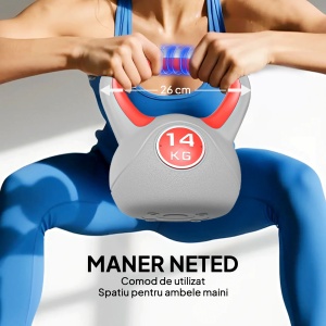 Kettlebell 14 kg, bila Ø18 cm, maner lat neted PU, baza plana anti-alunecare, umplutura nisip, gri/rosu - Verificat A · Re-Bloom - Img 5