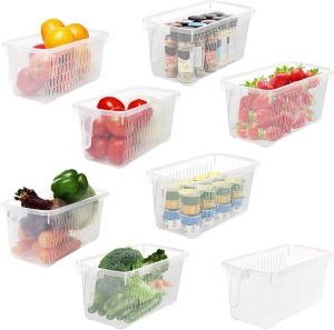 Kurtzy set 8 organizatoare frigider/bucatarie, plastic fara BPA transparent, 27x13x13 cm (lungime totala 32cm cu maner), stivuibile - Verificat A · Re-Bloom - Img 1