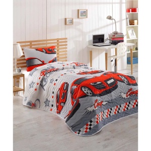 L'essentiel Maison set cuvertura matlasata single, bumbac/poliester, 160x220 cm + fata de perna 50x70 cm, 270g/m², umplutura 90g/m², inchidere plic, rosu/gri/alb - Verificat A · Re-Bloom