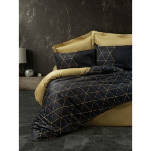 L'essentiel Maison set lenjerie pat dublu, bumbac ranforce 100%, husa pilota 200x220 cm + cearsaf 240x260 cm + 2x fata perna 50x70 cm, auriu/negru - Verificat A · Re-Bloom - Img 1