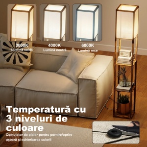 Lampadar 2in1 cu rafturi, USB-A/C, lumina reglabila, intrerupator pedala, MDF, Maro/Alb - Verificat A · Re-Bloom - Img 6