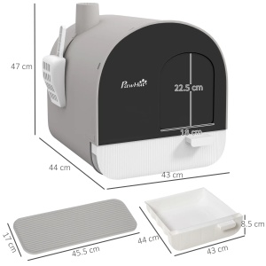 Litiera pentru pisici inchisa cu filtre si lopata, PP, 43x44x47 cm, tava interioara 38x34x8.5cm, usa 18x22.5cm, covoras 45.5x17cm, gri/negru/alb - Verificat A · Re-Bloom - Img 3
