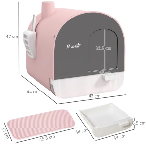 Litiera pisici inchisa cu filtre, lopatica, tavita detasabila, mat nisip, PP, 43x44x47cm, Roz/Gri - Verificat A · Re-Bloom - Img 3