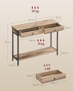 Masa tip consola Vasagle, 2 sertare, PAL/otel, negru/maro, 30 x 100 x 80 cm, Resigilat, Grad A - Img 3