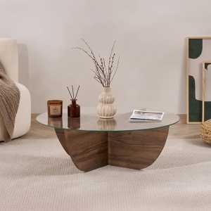 Masuta cafea Liya, blat sticla securizata + rama PAL melaminat 18mm, 90x90x30 cm, maro/transparent - Verificat A · Re-Bloom