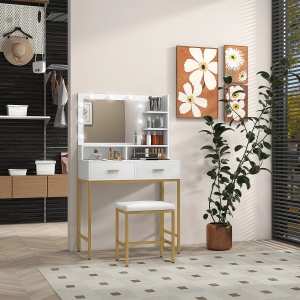 Masuta de machiaj cu oglinda LED si scaun Re-Bloom, MDF/PAL/sticla, alb/natur, 80 x 40 x 138 cm, Resigilat, Grad A - Img 3
