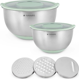 Navaris set 2 boluri otel inoxidabil cu capace + 3 razatoare, bol mediu Ø20x12cm 2.8L + bol mare Ø24x14cm 4.7L, compatibil masina de spalat vase, argintiu/verde menta - Verificat A · Re-Bloom - Img 1