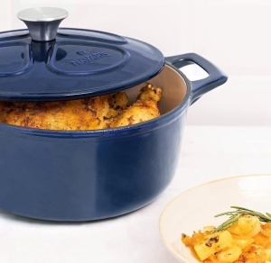 Oala fonta emailata Navaris, albastru, cu capac, pentru cuptor, plita, gaz, electric, cu inductie, cu infrarosu, 24 cm, 3.5 l, Resigilat, Grad B - Img 3