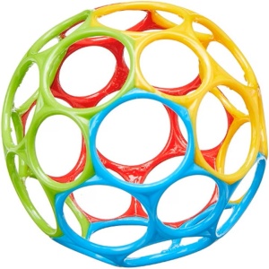 Oball Classic bila senzoriala 10 cm, 32 gauri prindere usoara, plastic moale fara BPA PVC latex, lavabila, 0 luni+, multicolor - Verificat A · Re-Bloom