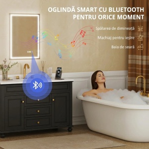 Oglinda baie anti-aburire cu LED reglabil, difuzor Bluetooth, butoane tactile, IP44, sticla securizata, 70x50cm, Argintiu - Verificat A · Re-Bloom - Img 5