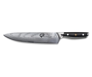 Orient Origin Series cutit profesional bucatar Damasc, otel japonez AUS-10 61HRC, 23cm, 67 straturi otel Damasc, unghi 7-13°, maner G10, negru - Verificat A · Re-Bloom - Img 4