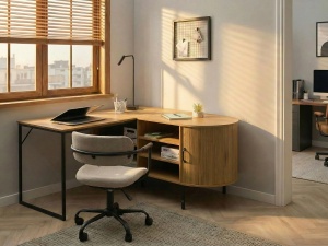 Produs Resigilat Birou de colt Re-Bloom Solari, MDF/fier, 140x140x72 cm, spatiu depozitare, 30 kg, maro/negru - Verificat A - Img 2
