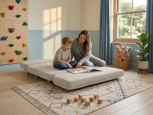 Produs Resigilat Canapea extensibila 2 locuri Re-Bloom Esbjerg, textil/stejar/fier, 133x78x61 cm, mecanism clic-clic, spuma 26cm, 120 kg/persoana, bej - Verificat A - Img 3