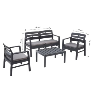 Progarden set mobilier gradina Java 4 piese, polipropilena, canapea 2L 121x58x74 cm + 2 scaune 63x58x74 cm + masa 74x55x38 cm, perne incluse, antracit - Verificat A · Re-Bloom - Img 2