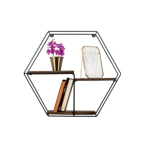 Raft de perete Re-Bloom, metal/lemn masiv, maro/negru, 60 x 53 x 15 cm, Resigilat, Grad A - Img 2