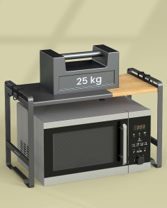Raft extensibil pentru cuptorul cu microunde Songmics, otel/bambus, negru/natur, 31,5 x 42 x 41,5-64 cm, Resigilat, Grad A - Img 5