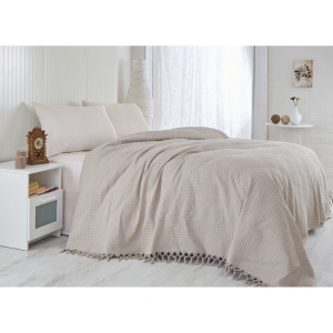 Saheser cuvertura dubla de pat, bumbac 100%, 220x240 cm, 340g/m², franjuri lucrate manual, maro - Verificat A · Re-Bloom