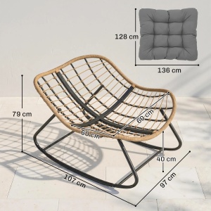 Scaun balansoar de terasa, metal/ratan sintetic/poliester, 97x107x79 cm, sezut 60x60cm/inaltime 40cm, perna 136x128x10cm inclusa, capacitate 120kg, lemn natural/gri - Verificat A · Re-Bloom - Img 4