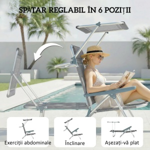 Scaun plaja pliabil reclinabil, copertina reglabila detasabila, tetiera, aluminiu, 62x68x79cm, Gri - Verificat A · Re-Bloom - Img 4