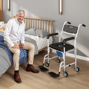 Scaun WC cu Rotile, pentru varstnici/persoane cu dizabilitati, pliabil, aluminiu/plastic, alb/negru, 53 x 97 x 97 cm, Resigilat, Grad A - Img 4