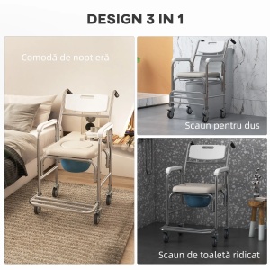 Scaun WC cu Rotile Re-Bloom, pentru varstnici/persoane cu dizabilitati, aluminiu/HDPE/PP/piele ecologica, albastru/alb/argintiu, 84 x 54 x 96 cm, Resigilat, Grad A - Img 2
