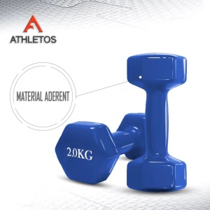 Set 2 gantere, 2 x 2 kg, interior fonta, acoperire vinil, forma hexagonala, pentru antrenament cu greutati si fitness, Albastru, Resigilat, Grad B - Img 2