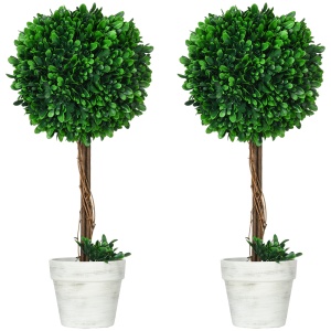 Set 2 plante artificiale buxus cu frunze de santal Re-Bloom, PE/otel, inaltime 60 cm, bila diametru 28 cm, ghiveci diametru 11.5x13 cm, verde/maro/alb - Verificat A · Re-Bloom