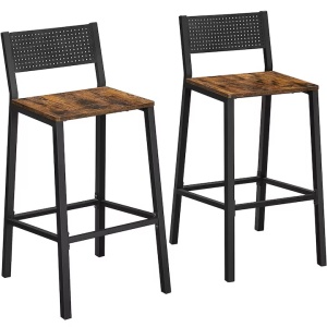 Set 2 scaune de bar Vasagle, inalte cu spatar, cadru metalic, sezut MDF, industrial, 51x43x97cm, maro rustic si negru, Resigilat, Grad A
