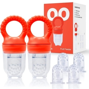 Set 2 Suzete pentru fructe si legume Love Noobs, fara BPA, inel dentitie, rosu, cu 4 tetine suplimentare, Resigilat, Grad A