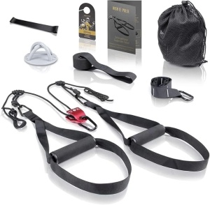 Set antrenament suspensie cu scripete, 7 accesorii, montaj usa/perete/copac, Negru - Verificat A · Re-Bloom