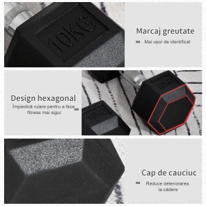 Set de 2 gantere hexagonale Re-Bloom, 10 KG, metal/cauciuc, negru/argintiu, 13,5 x 11,7 x 9,1 cm, Resigilat, Grad A - Img 6