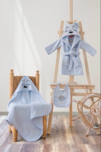 Set de baie bebelusi, bumbac 100%, halat 0-2 ani 330g/m² + invasat 70x70 cm + sort 25x25 cm, albastru - Verificat A · Re-Bloom