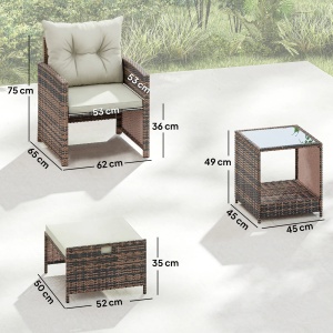 Set de gradina 5 piese, ratan PE/otel/sticla/poliester, 2 fotolii 62x65x75cm + 2 taburete 52x50x35cm + masa 45x45x49cm, perne 5/8cm incluse, capacitate 120kg fotoliu/30kg masa, maro/crem/negru - Verificat A · Re-Bloom - Img 3