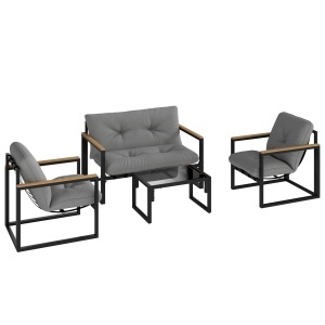 Set gradina Re-Bloom, otel/poliester/spuma PP, canapea 114x70x67 cm + 2 fotolii 60x70x67 cm + masa 65x42x35 cm, 3 perne incluse, gri deschis/negru - Verificat A · Re-Bloom
